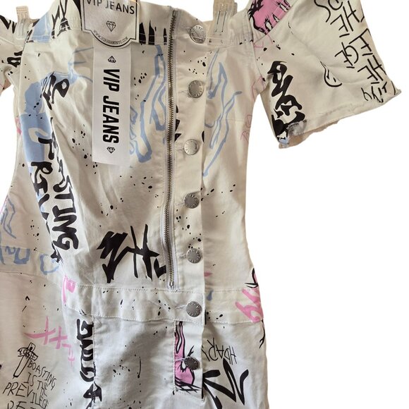 VIP Jeans Graffiti Print Romper Size 2x Women White & Multicolor Short Sleeve - Picture 10 of 12